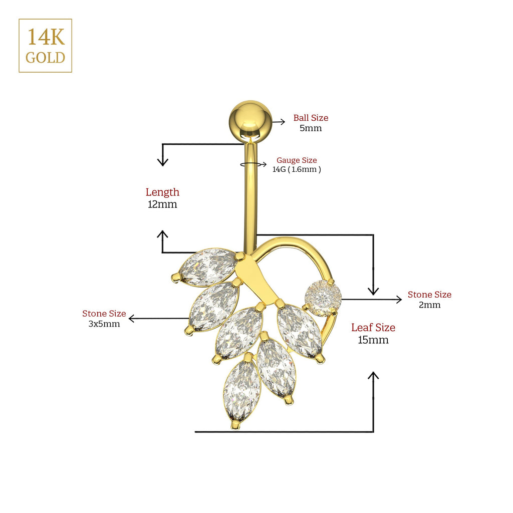 14K Gold Jewelled Leaf Belly Ring