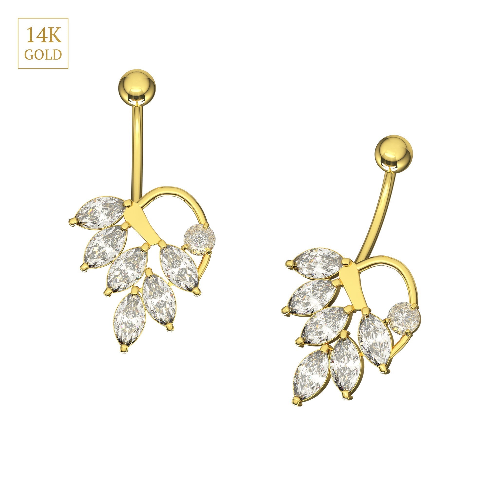 14K Gold Jewelled Leaf Belly Ring