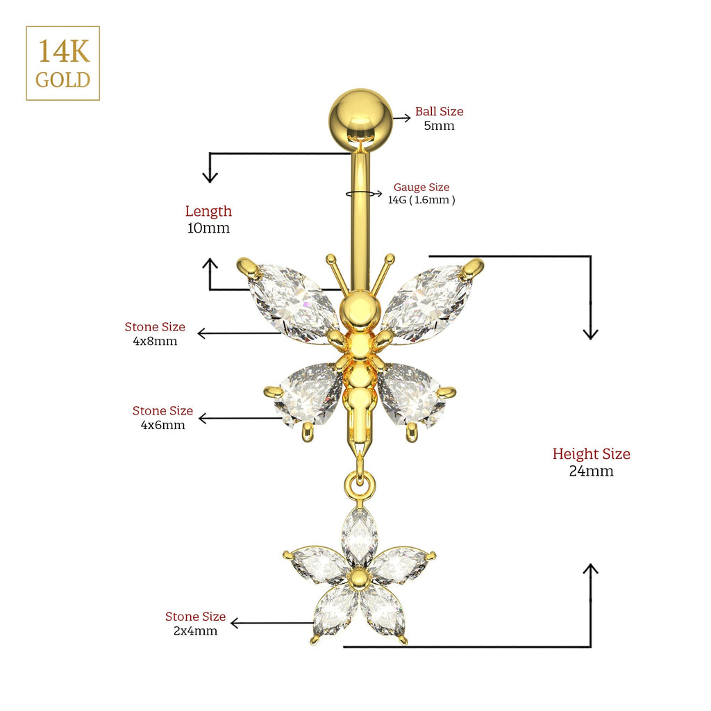 14K Gold Jewelled Dangling Butterfly Belly Ring