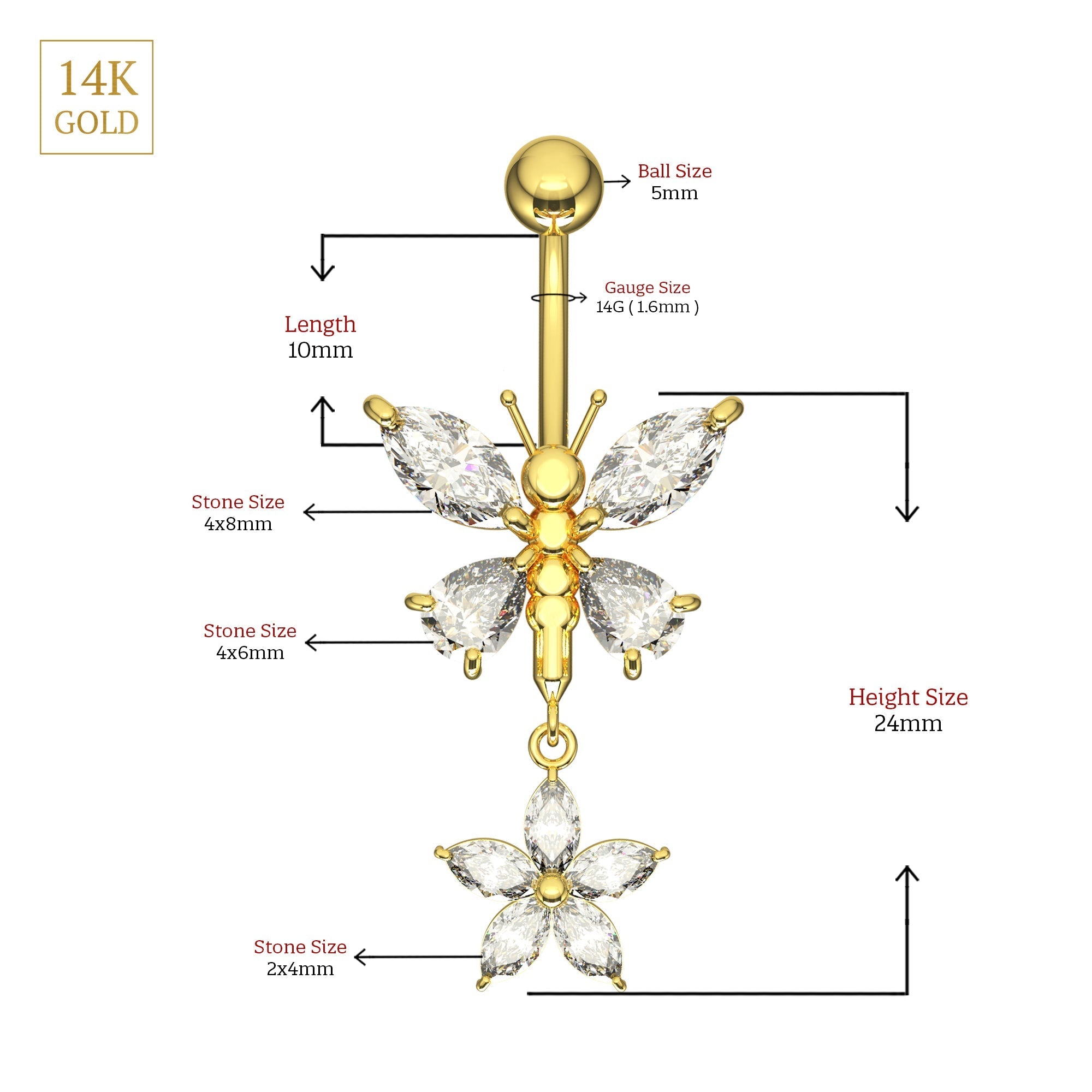 14K Gold Jewelled Dangling Butterfly Belly Ring