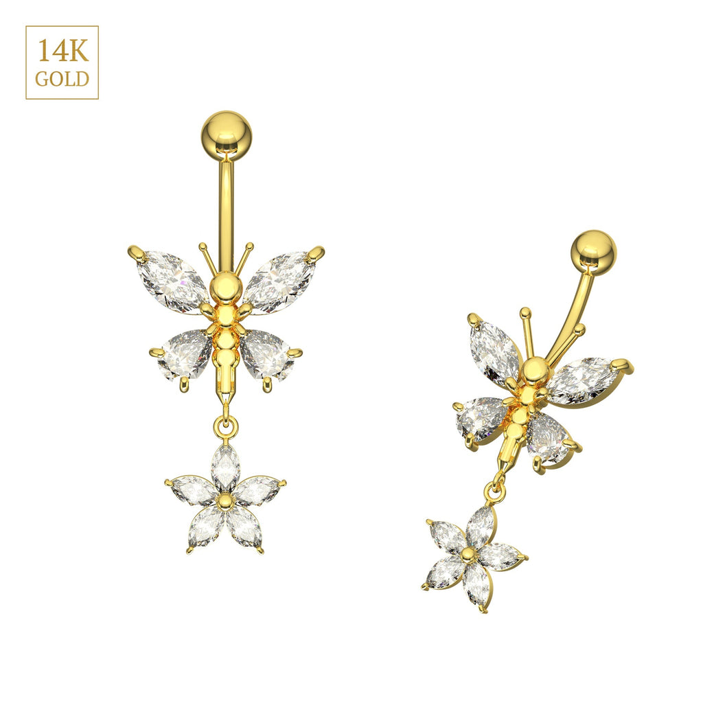 14K Gold Jewelled Dangling Butterfly Belly Ring