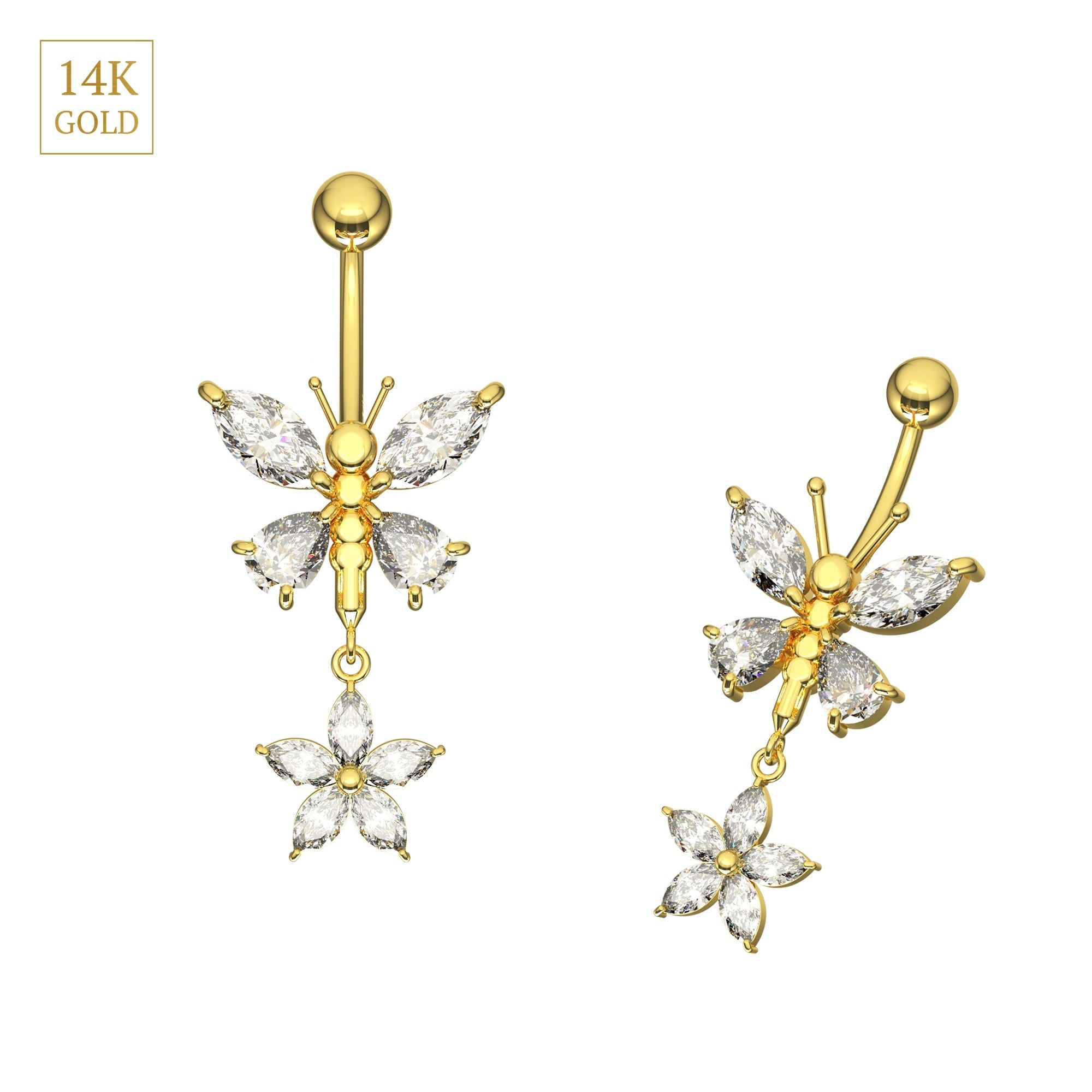 14K Gold Jewelled Dangling Butterfly Belly Ring