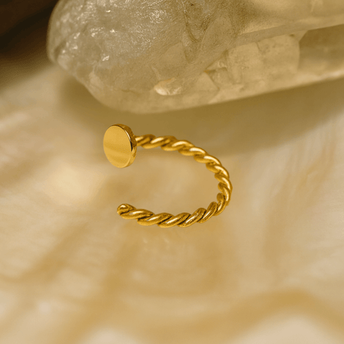 14K Gold Button Top Open Nose Hoop Laser Cut Ring