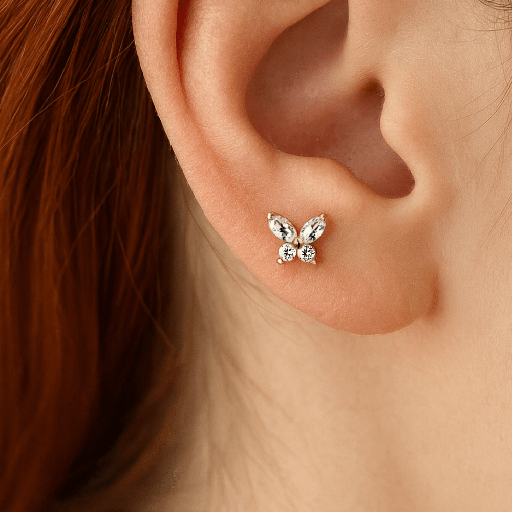 14K Gold CZ Jewelled Butterfly Internal Thread Labret with Flatback Stud