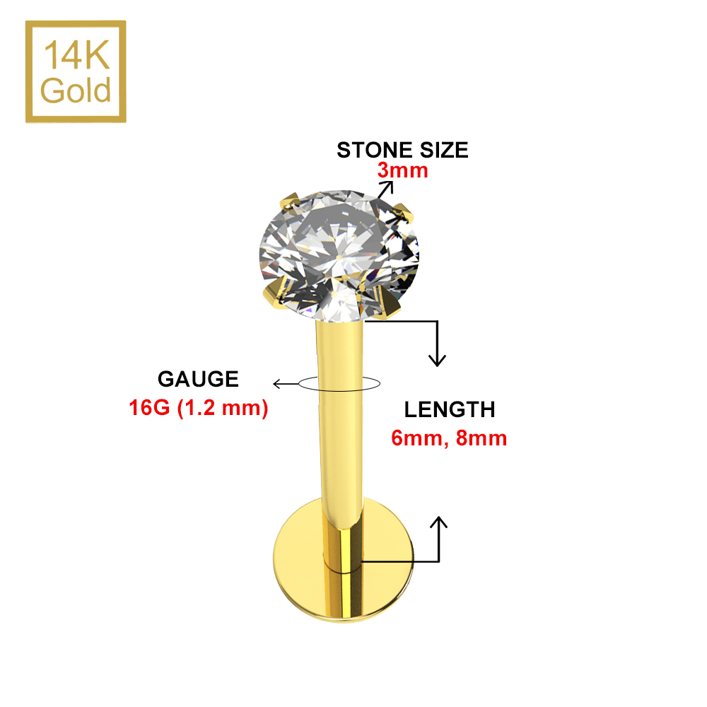 14K Gold Moissanite Stone Threadless Flatback Stud