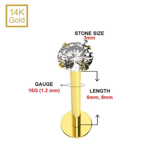 14K Gold Moissanite Stone Threadless Flatback Stud