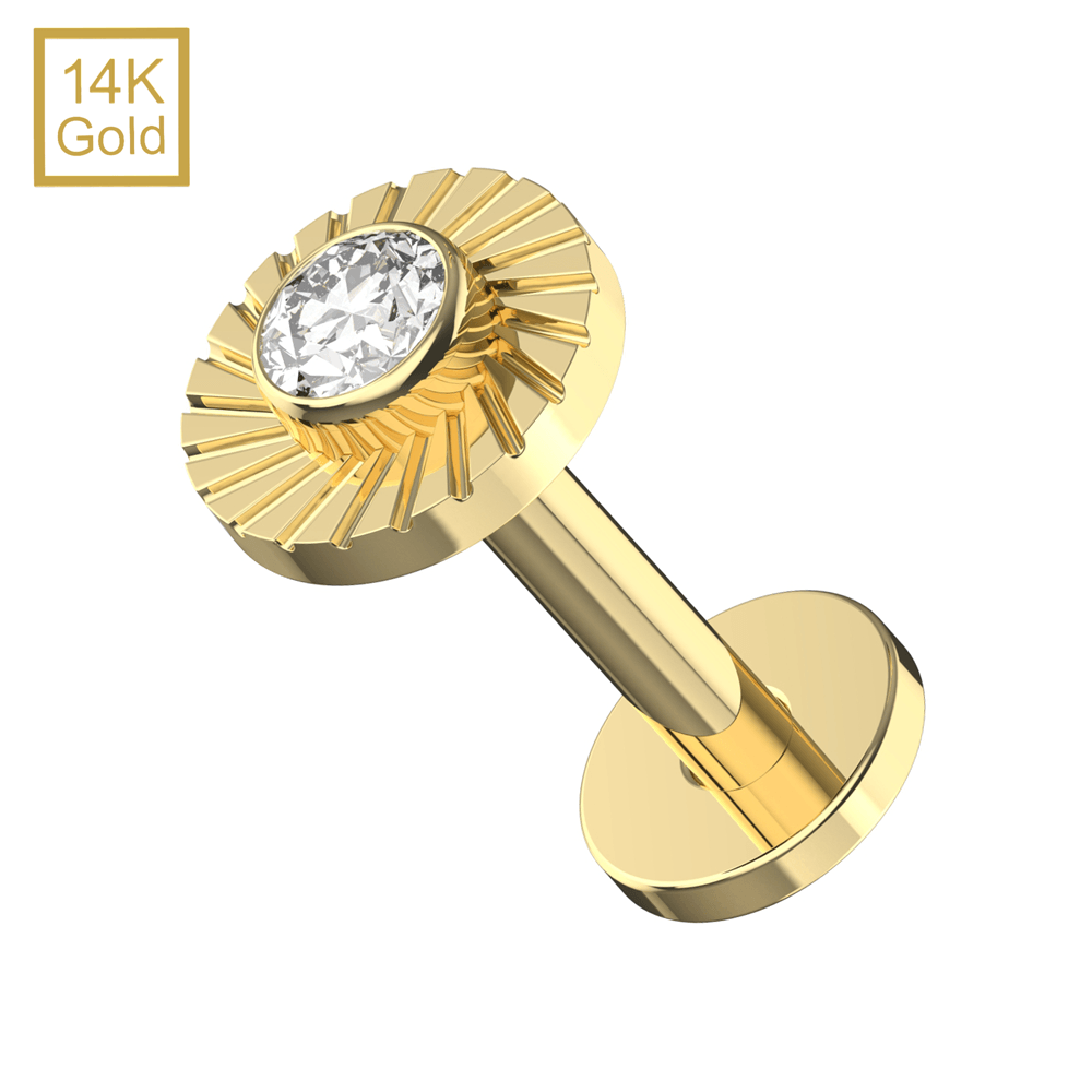 14K Gold CZ Jeweled Laser Cut Button Top With Internal Thread Base Labret