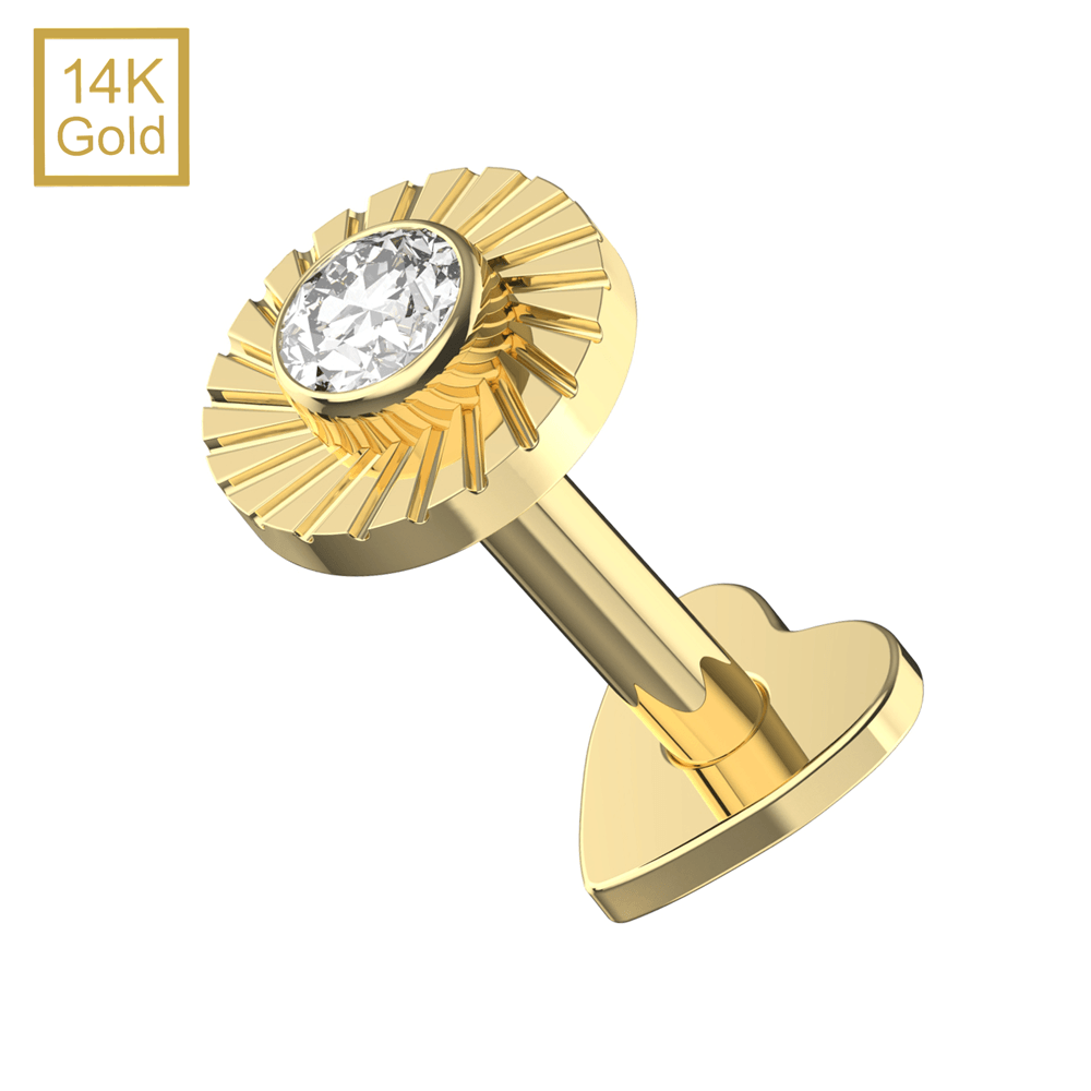 14K Gold CZ Jeweled Laser Cut Button Top With Internal Thread Base Labret