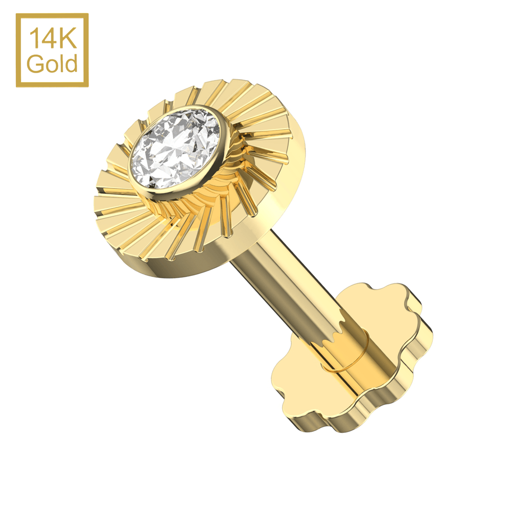 14K Gold CZ Jeweled Laser Cut Button Top With Internal Thread Base Labret