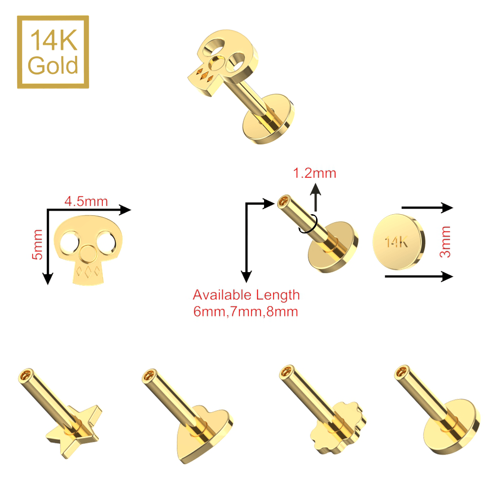 14K Gold Internal Thread Plain Skull Top With Internal Thread Base Labret