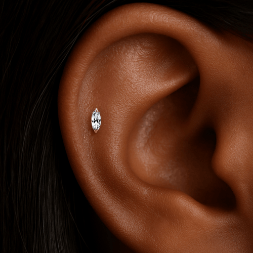 14K Gold Internal Threaded Marquise CZ Flatback Stud
