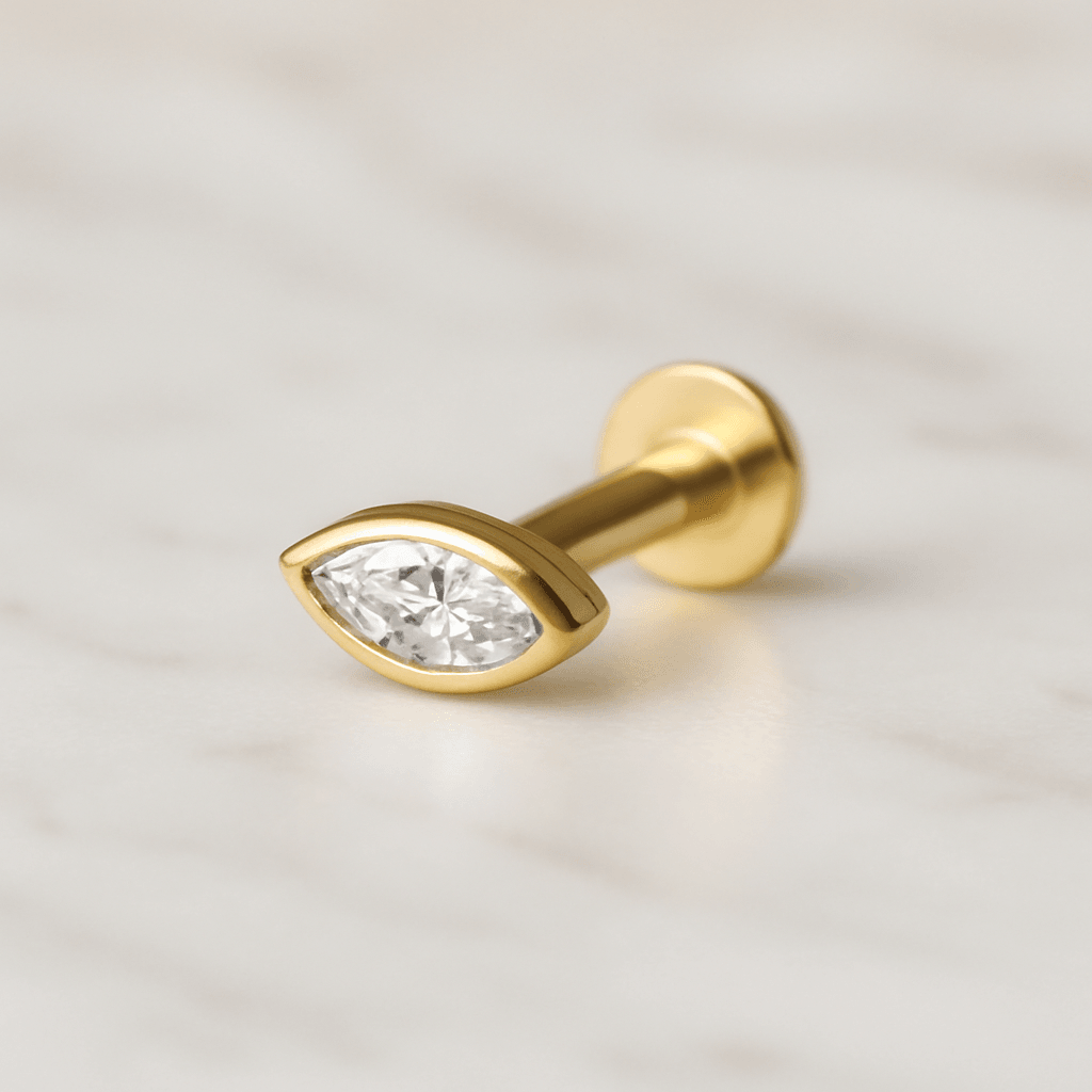 14K Gold Marquise CZ In Bezel Internal Threaded Flatback Stud