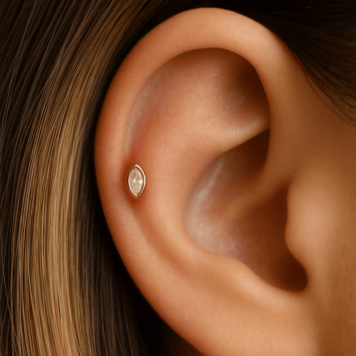 14K Gold Marquise CZ In Bezel Internal Threaded Flatback Stud