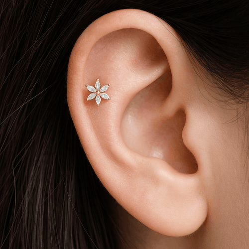 14K Gold Marquise CZ Jewelled Pentas Flower Internal Thread Labret with Flowerback Stud