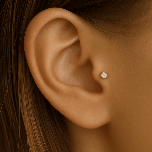 14K Gold Round CZ Jewelled Internally Threaded Labret with Flatback Stud