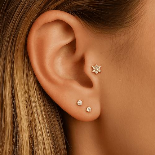 14K Gold Round CZ Jewelled Narcissus Flower Internal Thread Labret with Flatback Stud