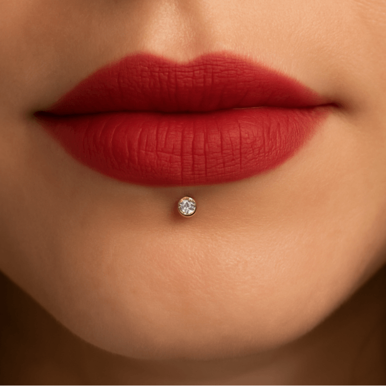 14K Gold Round CZ Jewelled Push-Fit Labret with Flatback Stud
