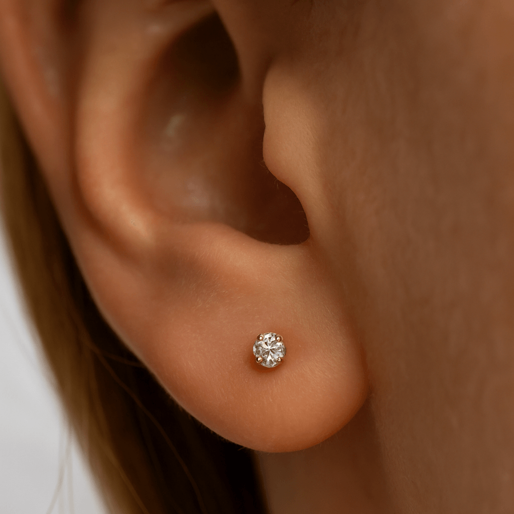 14K Gold Round Cubic Zirconia Top Internally Threaded Stud