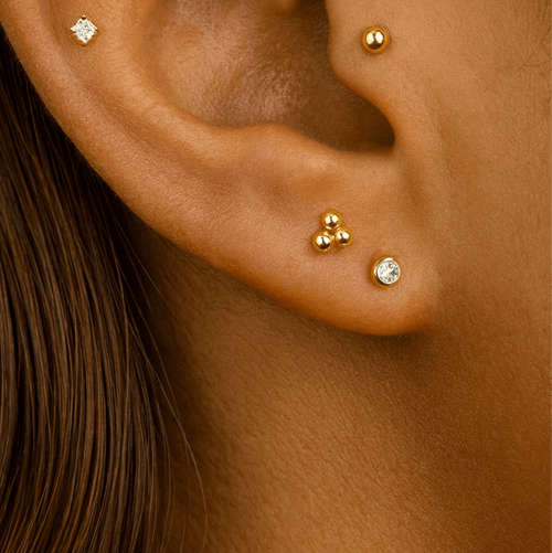 14K Gold Round CZ Jewelled Push-Fit Labret with Flatback Stud