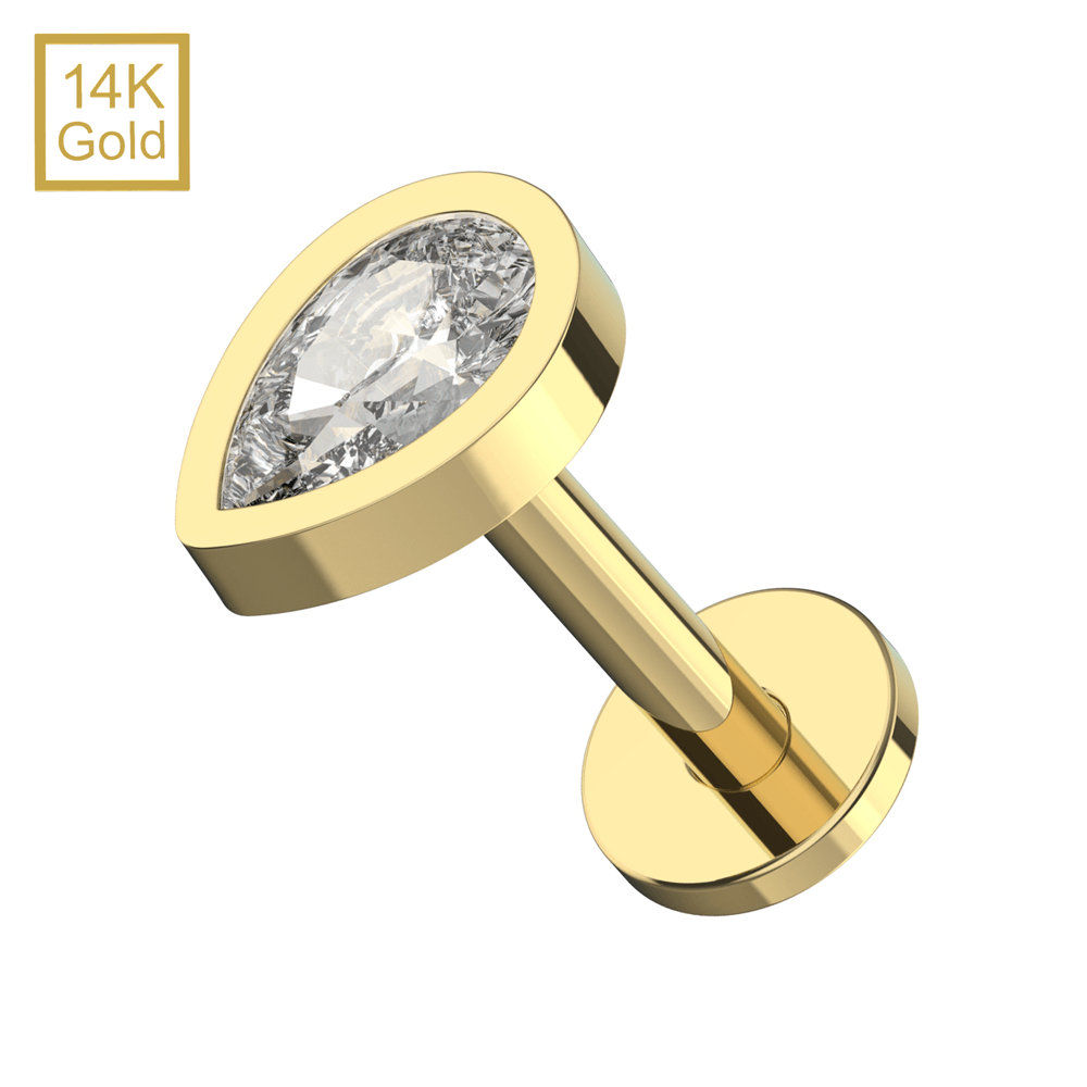 14K Gold Teardrop CZ Top With Internal Thread Base Labret