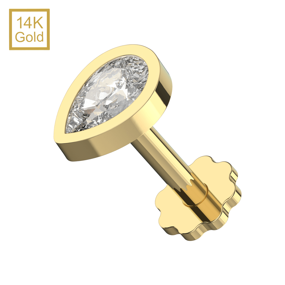 14K Gold Teardrop CZ Top With Internal Thread Base Labret