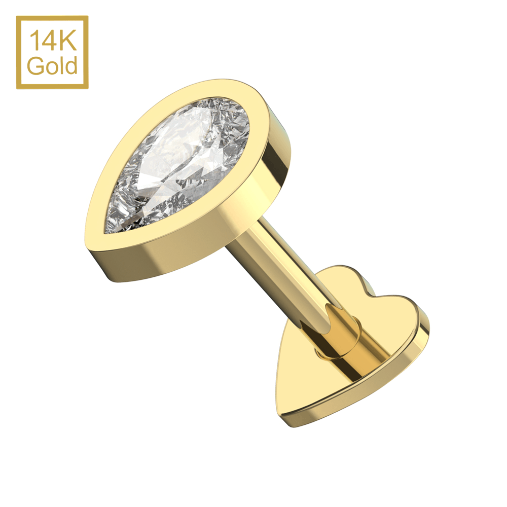 14K Gold Teardrop CZ Top With Internal Thread Base Labret