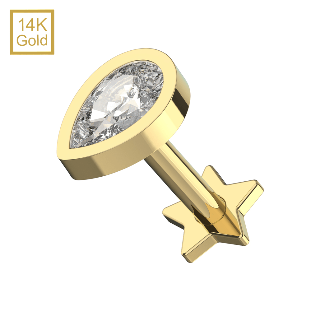 14K Gold Teardrop CZ Top With Internal Thread Base Labret
