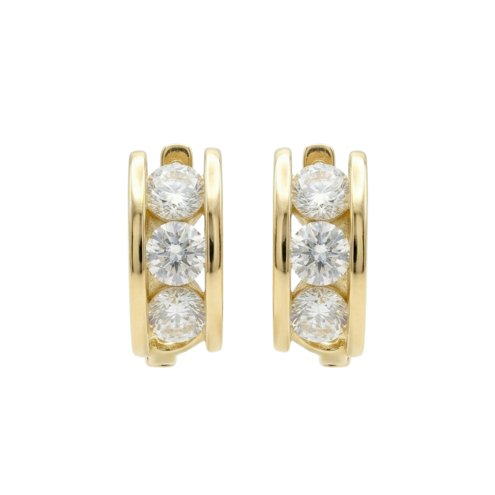 14K Gold Triple Stone CZ Huggie Earrings
