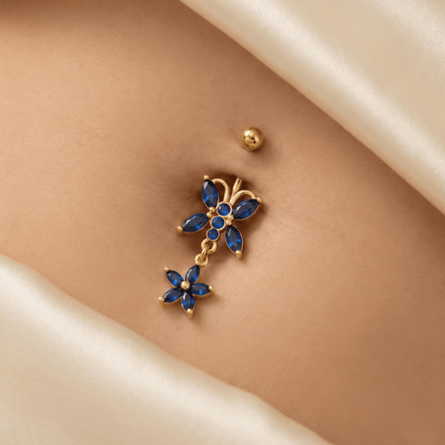 14K Gold Blue Studded Butterfly Belly Ring