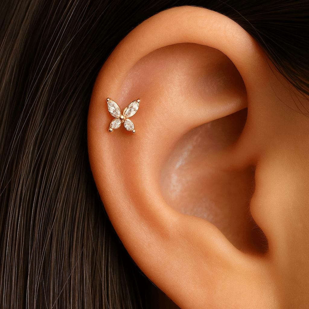 14K Gold CZ Jewelled Butterfly Design Internal Thread Labret with Flowerback Stud