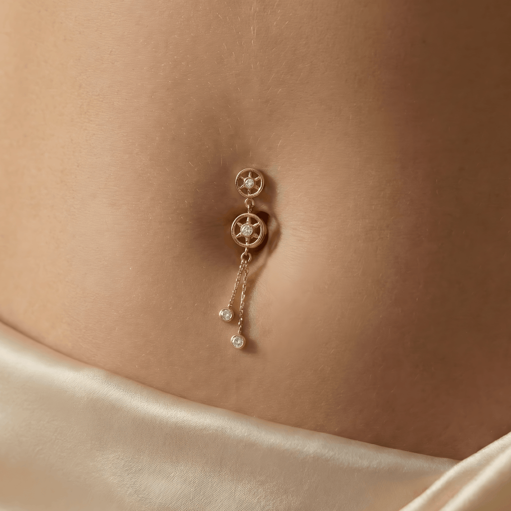 14K Gold CZ Jewelled Double Wheeled Danglers Belly Ring