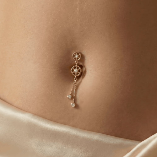 14K Gold CZ Jewelled Double Wheeled Danglers Belly Ring