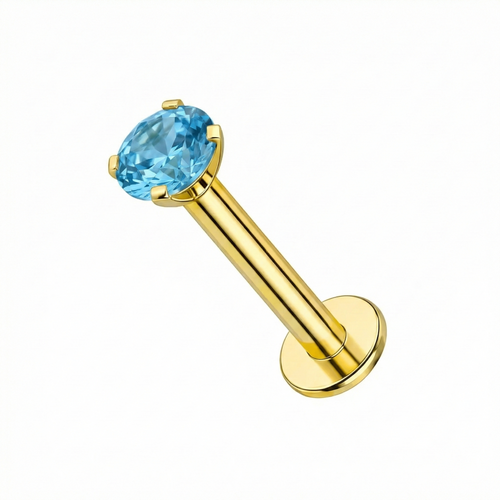 14K Gold Claw-Set Blue Topaz Natural Stone Threadless Flatback Stud
