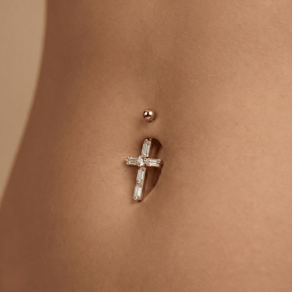 14K Gold Dangling Gemstone Cross Belly Ring