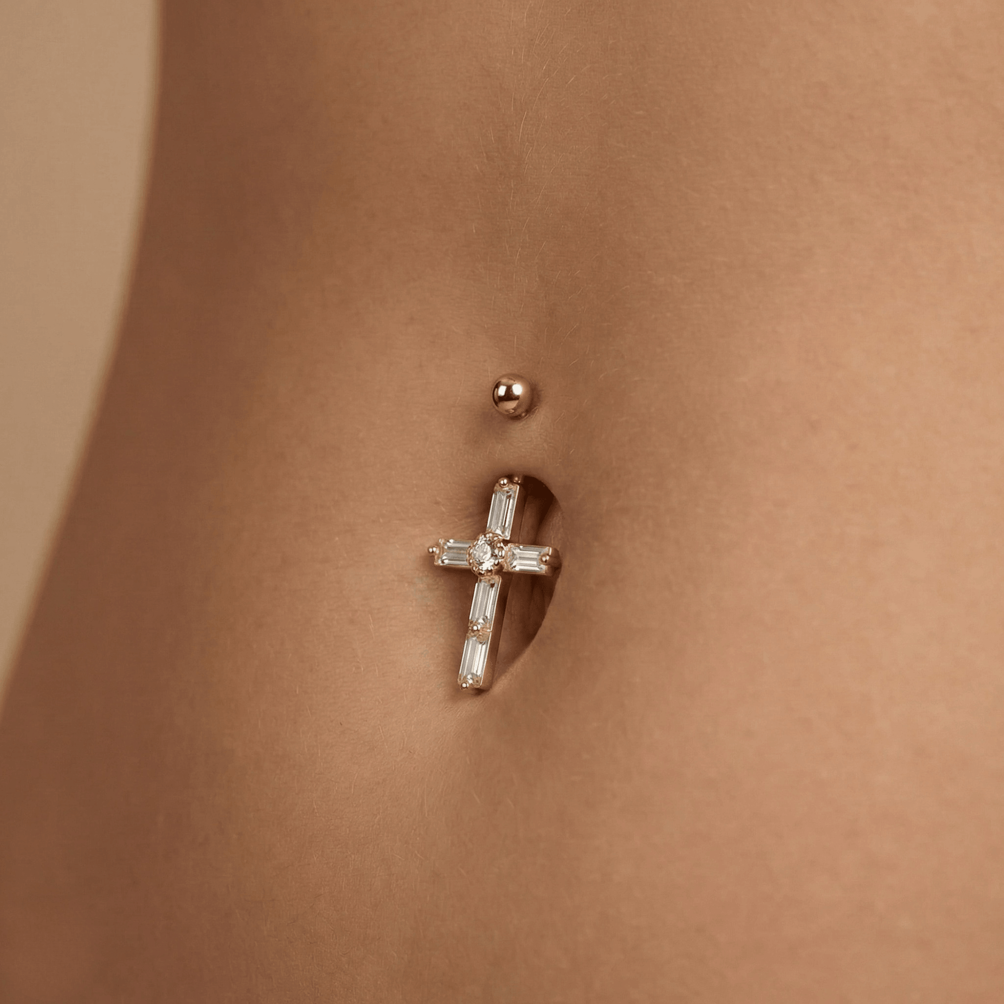 14K Gold Dangling Gemstone Cross Belly Ring