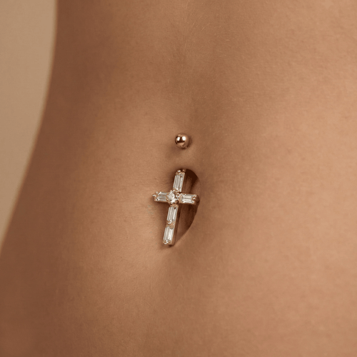 14K Gold Dangling Gemstone Cross Belly Ring