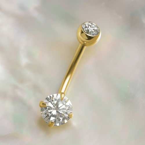 14K Gold Double CZ Jewelled Internally Threaded Belly Ring
