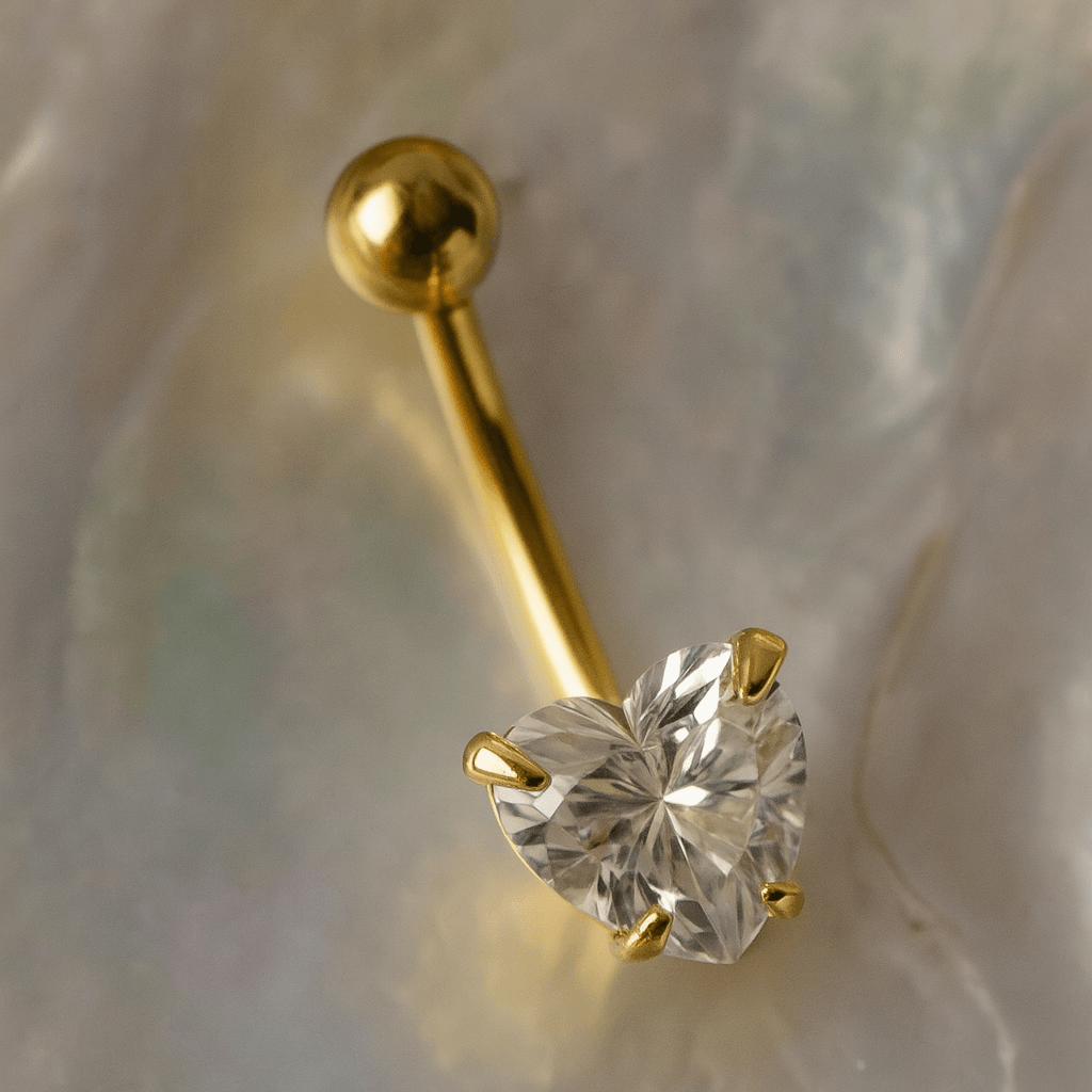 14K Gold Heart CZ Jewelled Internally Threaded Belly Bar
