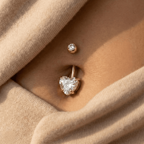 14K Gold Heart Shaped CZ Jewelled Internally Threaded Top Ball With CZ Belly Ring