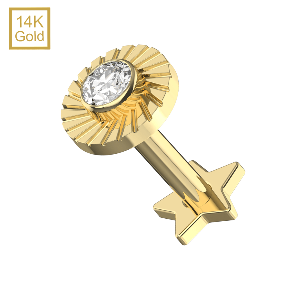 14K Gold CZ Jeweled Laser Cut Button Top With Internal Thread Base Labret