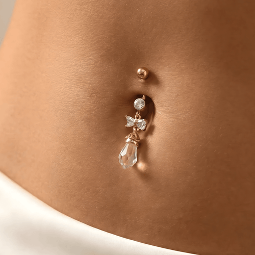 14K Gold Jewelled Dangling Bow Belly Ring