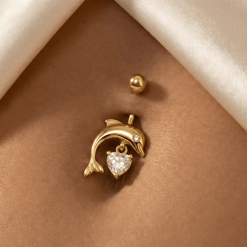 14K Gold Jewelled Dangling Dolphin Belly Ring