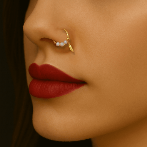 14K Gold Opal Stones & Leaf Hoop Nose Ring