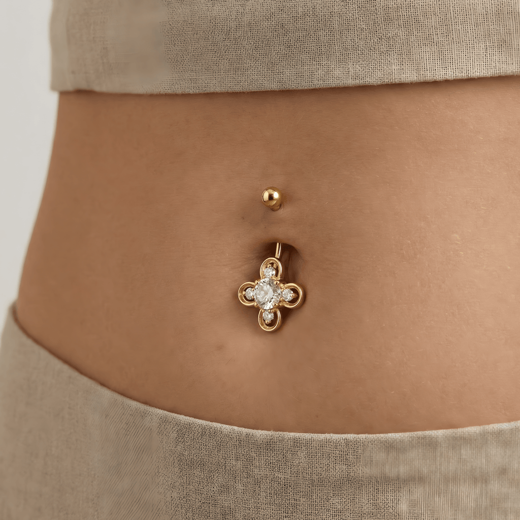 14K Gold Studded Clover Belly Ring