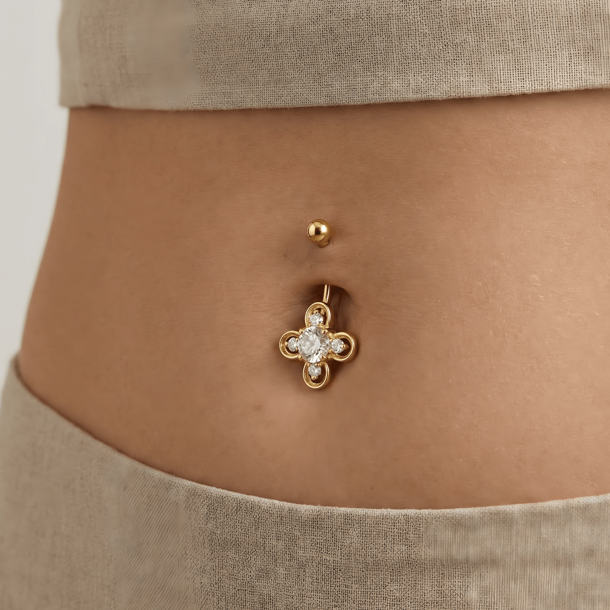 14K Gold Studded Clover Belly Ring