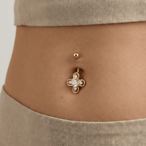 14K Gold Studded Clover Belly Ring