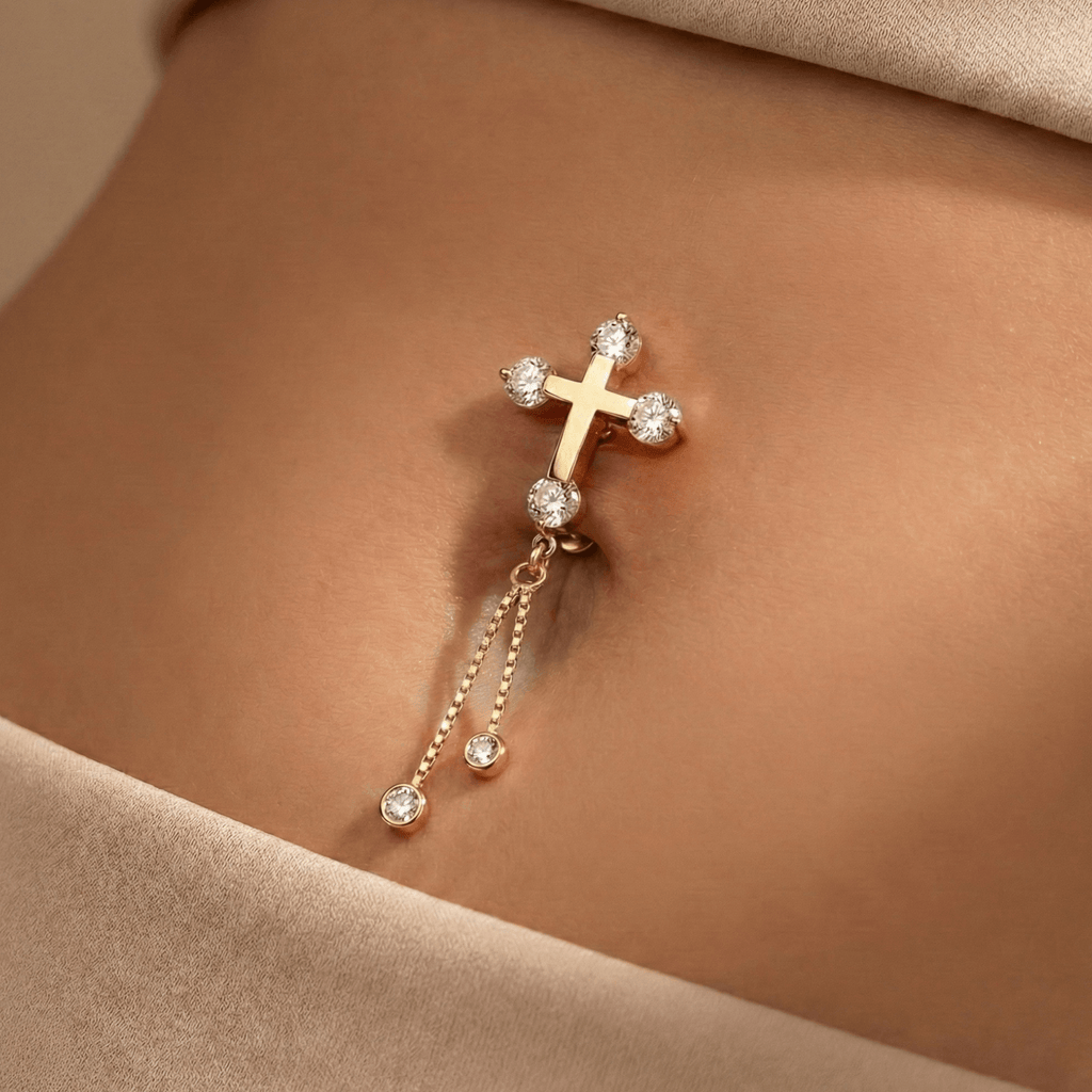 14K Gold Studded Cross Dangler Belly Ring