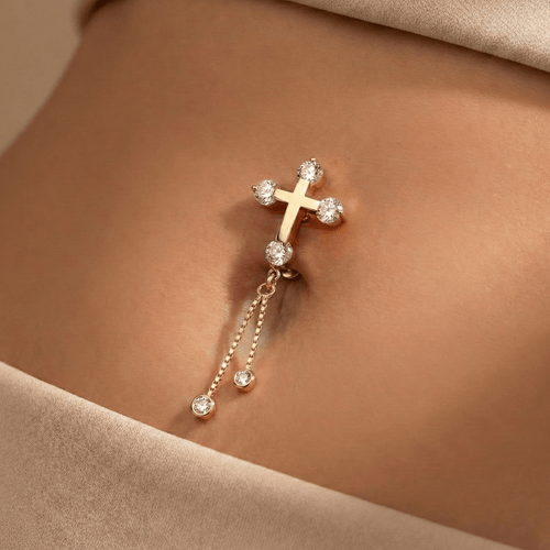 14K Gold Studded Cross Dangler Belly Ring