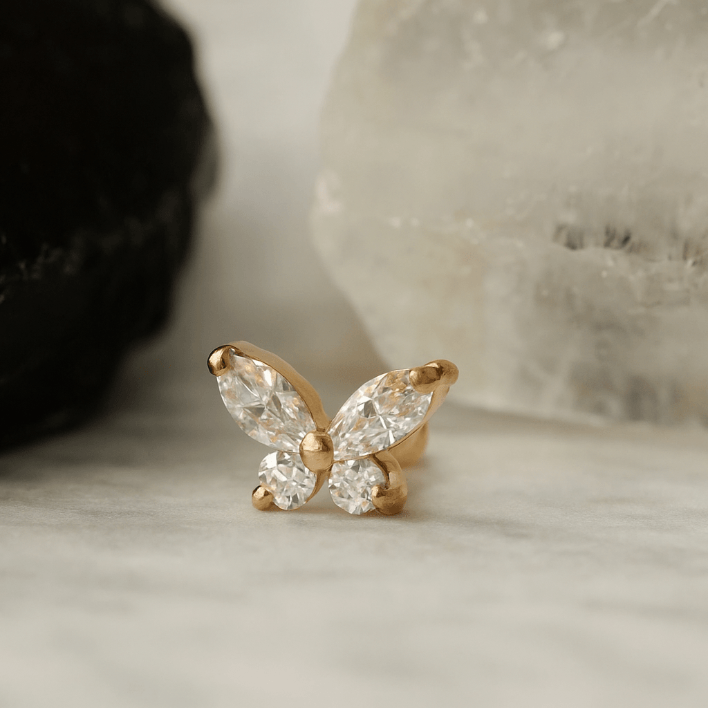 14K Gold CZ Jewelled Butterfly Internal Thread Labret with Flatback Stud
