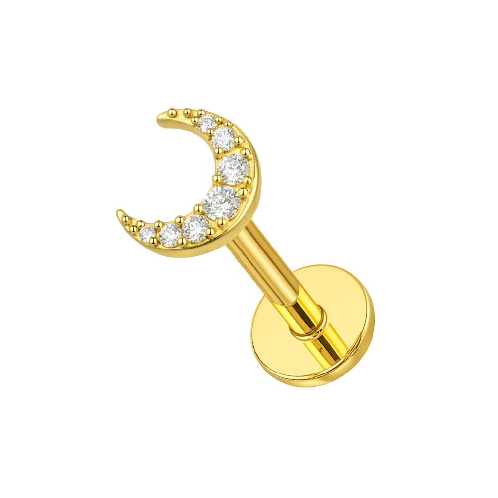 316L Surgical Steel Jewelled Crescent Moon Flatback Labret Cartilage Helix Tragus Piercing Ear Stud